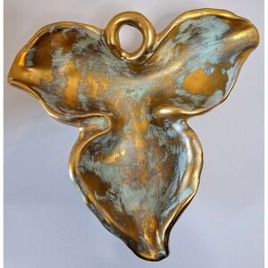 Stangl Trenton NJ Antique Gold Leaf/Teal Trinket Dish Hand Painted 5146‎ MCM